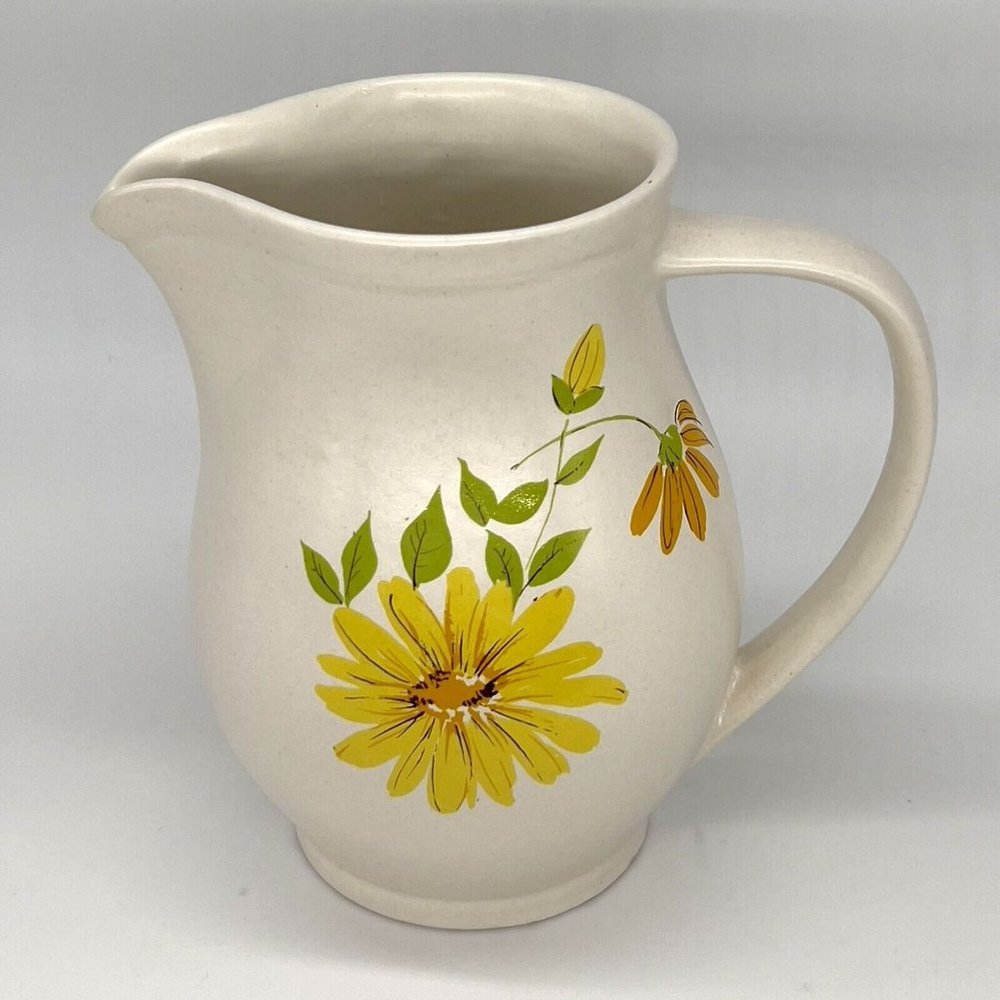 Vintage Hyalyn 905 USA Pottery Pitcher 6" Tall Yellow Daisy Flower Cream Ceramic